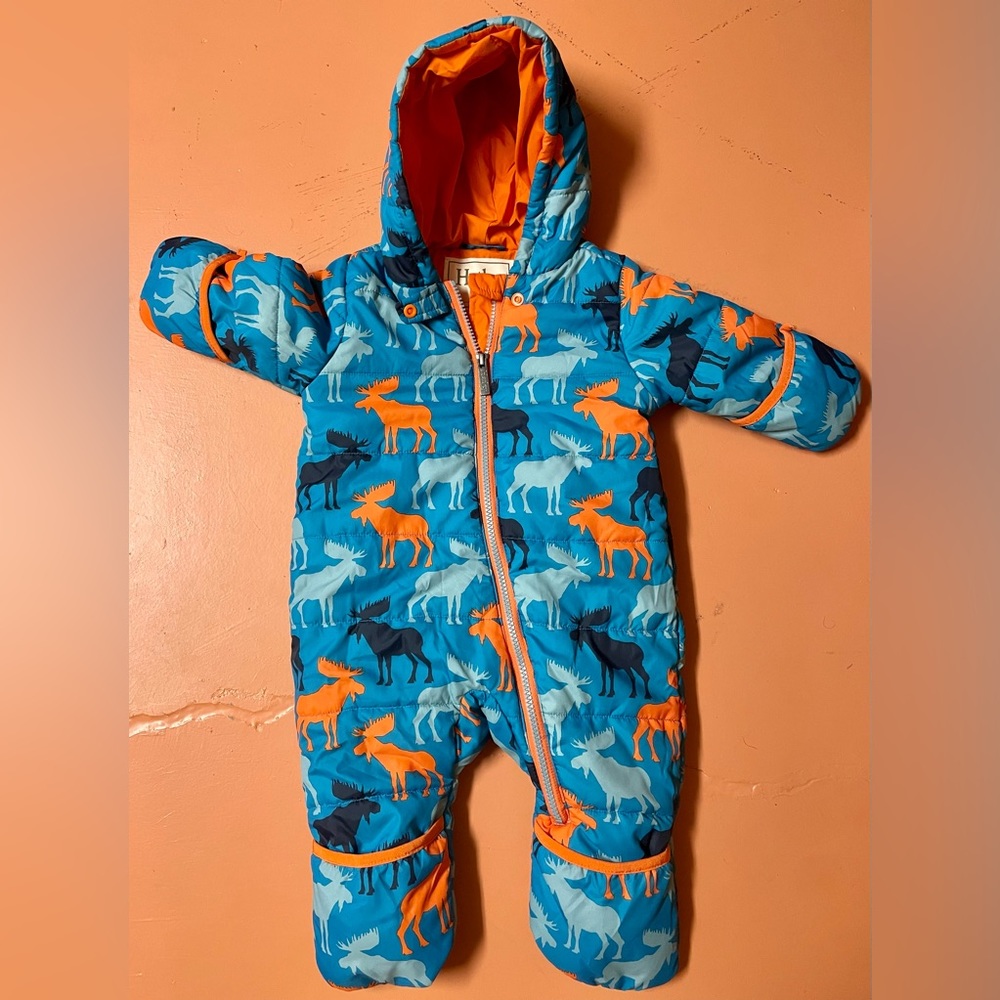 Hatley Blue & Orange Moose Hooded Puffer Snowsuit  Size 6-9 Months